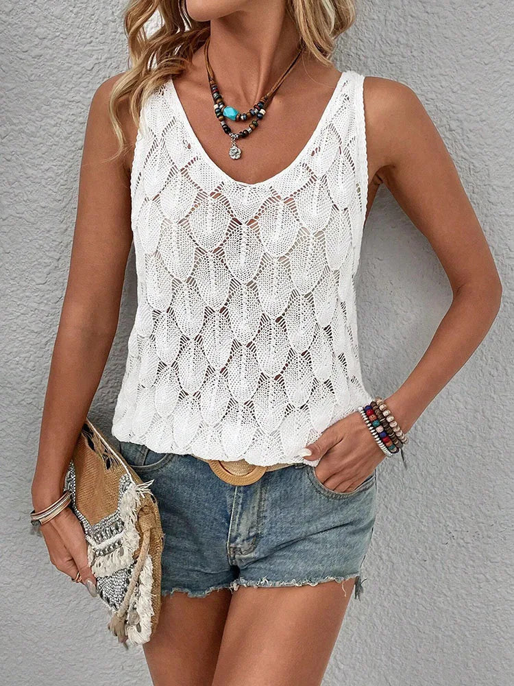 Handmade White Crochet Leaf Pattern Top – Boho Summer Knitwear