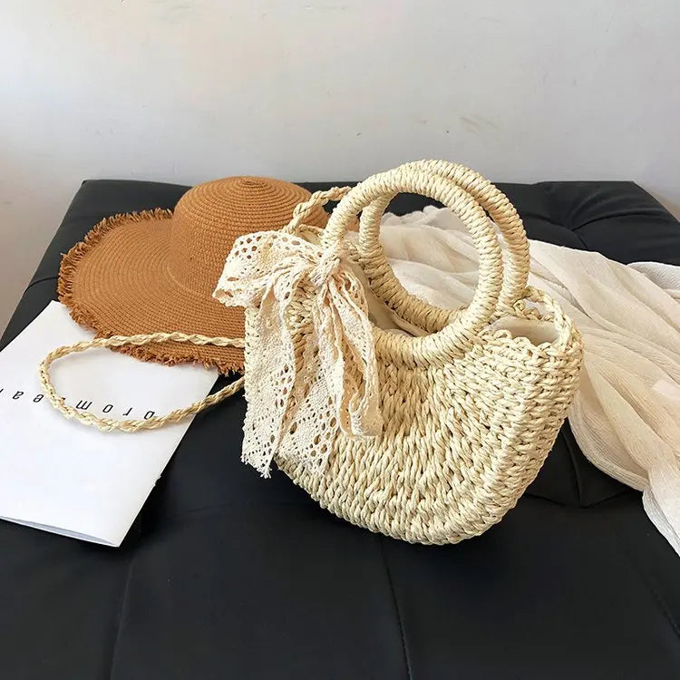 Handmade Straw Bag with Lace Ribbon