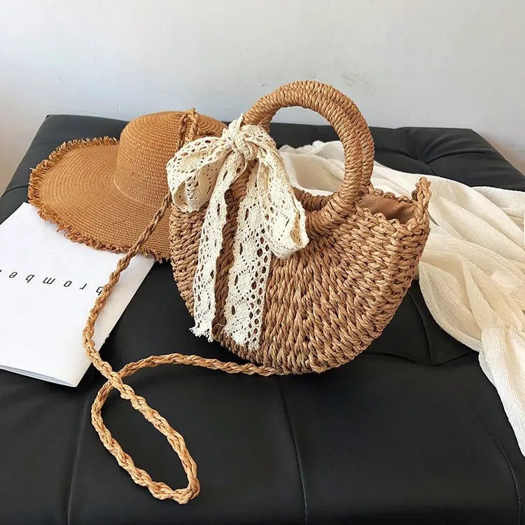 Handmade Straw Bag with Lace Ribbon