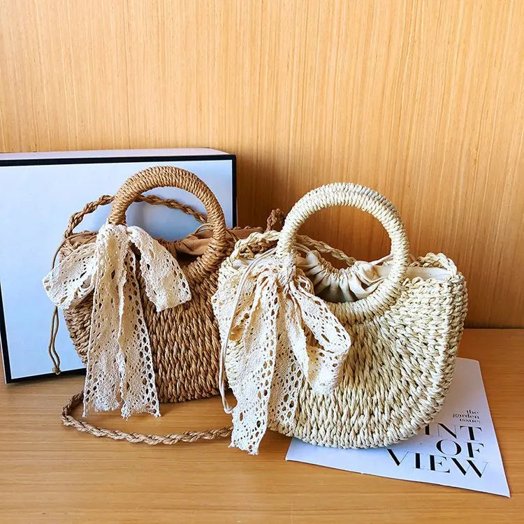 Handmade Straw Bag with Lace Ribbon