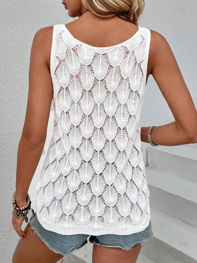 Handmade White Crochet Leaf Pattern Top – Boho Summer Knitwear