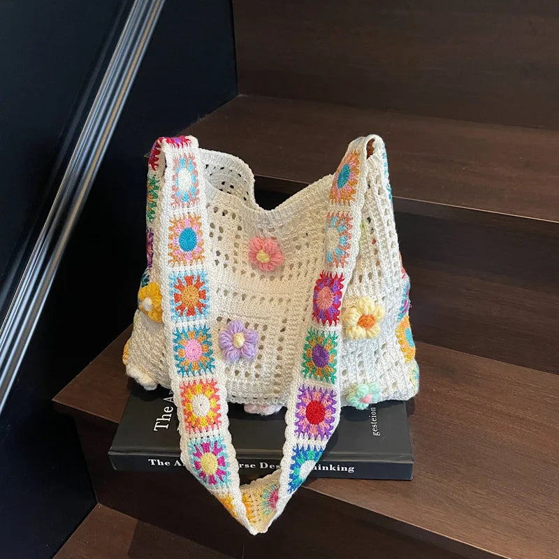 Handmade Crochet Tote Bag – Colorful Flower